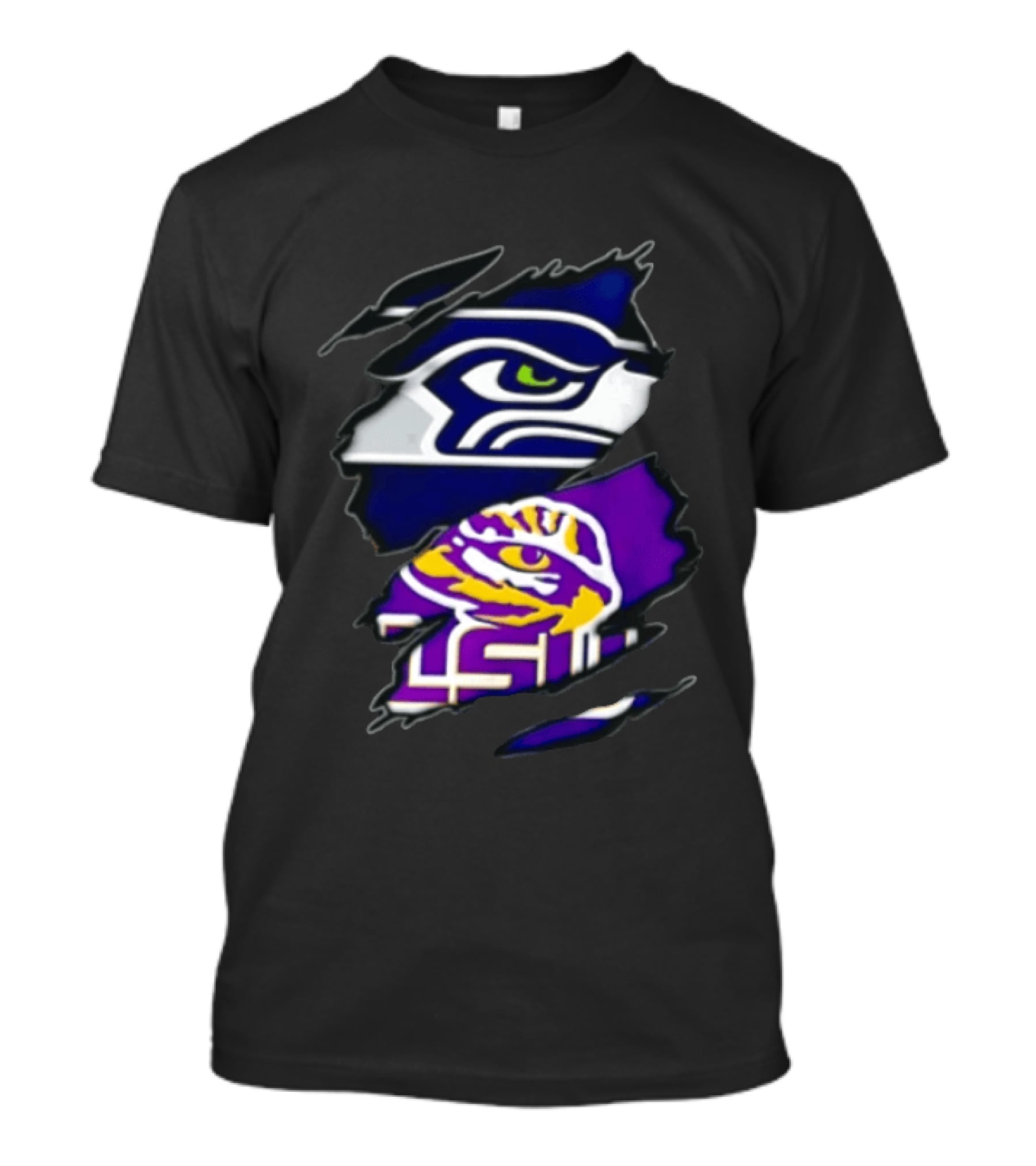 Seattle Seahawks Louisiana State University Ripped Fabric Reveal Seahawks Tiger Eye T-Shirt