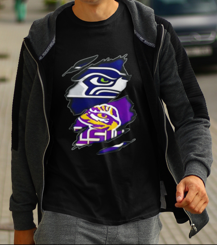Seattle Seahawks Louisiana State University Ripped Fabric Reveal Seahawks Tiger Eye T-Shirt