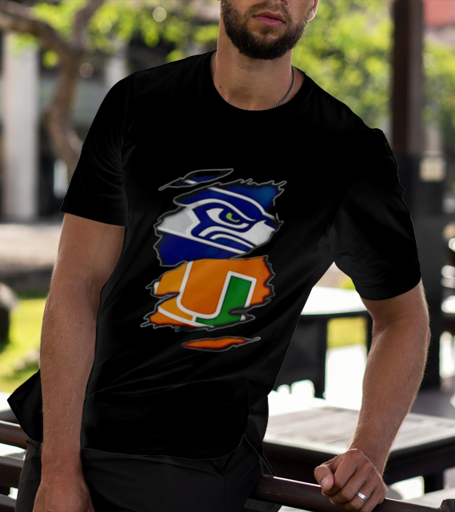 Seattle Seahawks Miami Hurricanes Torn Fabric Reveal Team Logos T-Shirt