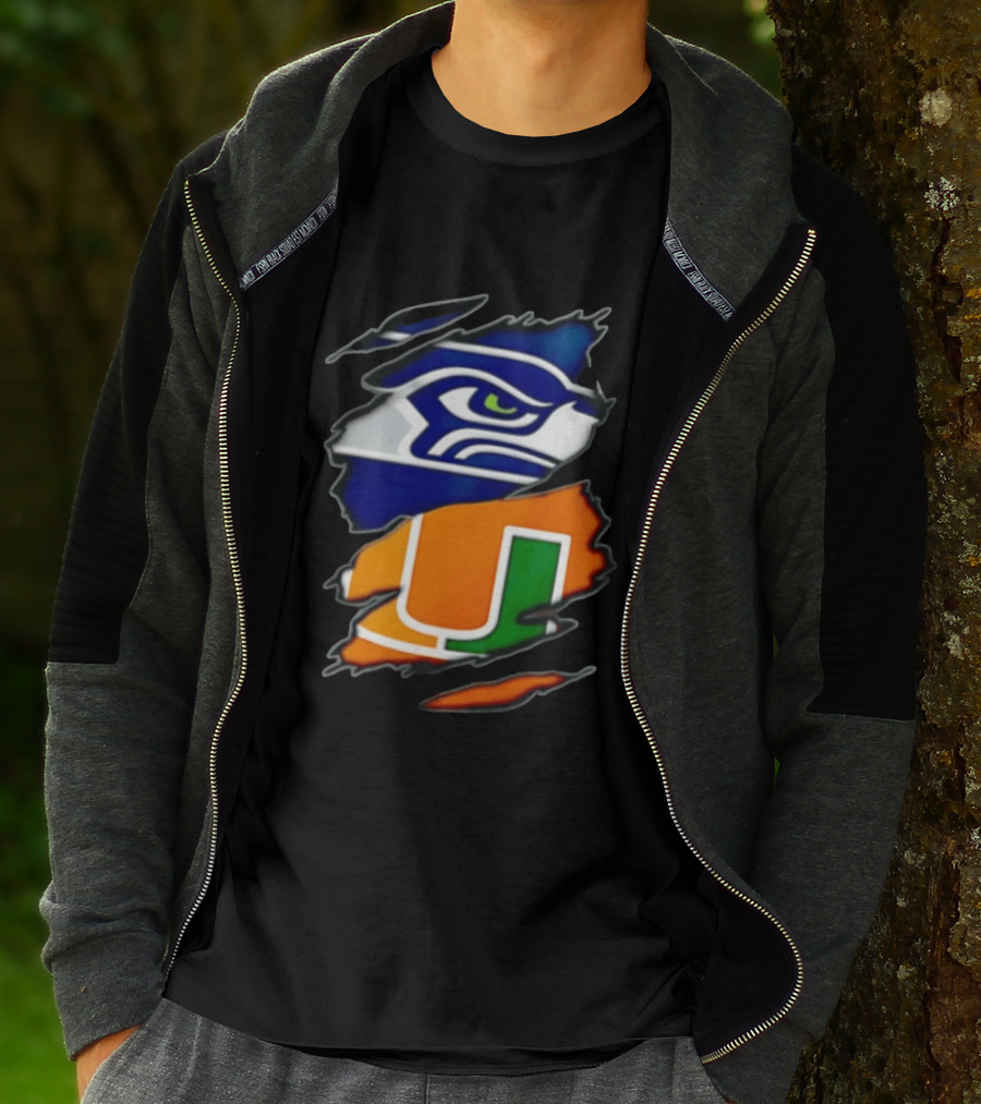 Seattle Seahawks Miami Hurricanes Torn Fabric Reveal Team Logos T-Shirt