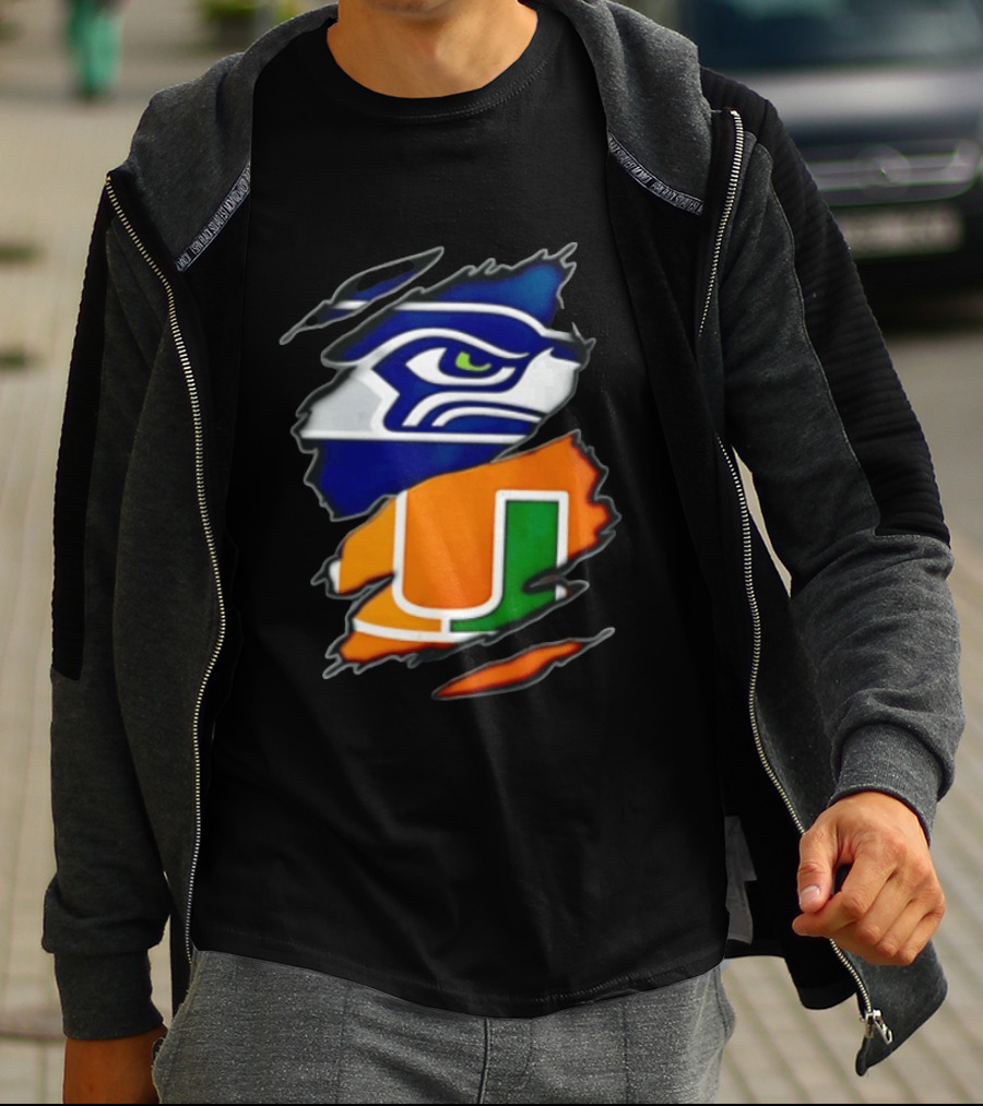 Seattle Seahawks Miami Hurricanes Torn Fabric Reveal Team Logos T-Shirt