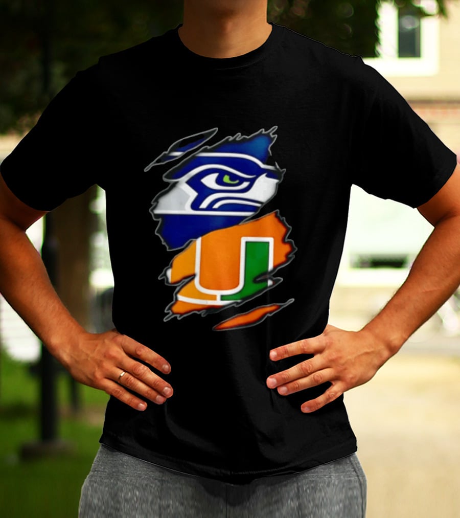 Seattle Seahawks Miami Hurricanes Torn Fabric Reveal Team Logos T-Shirt