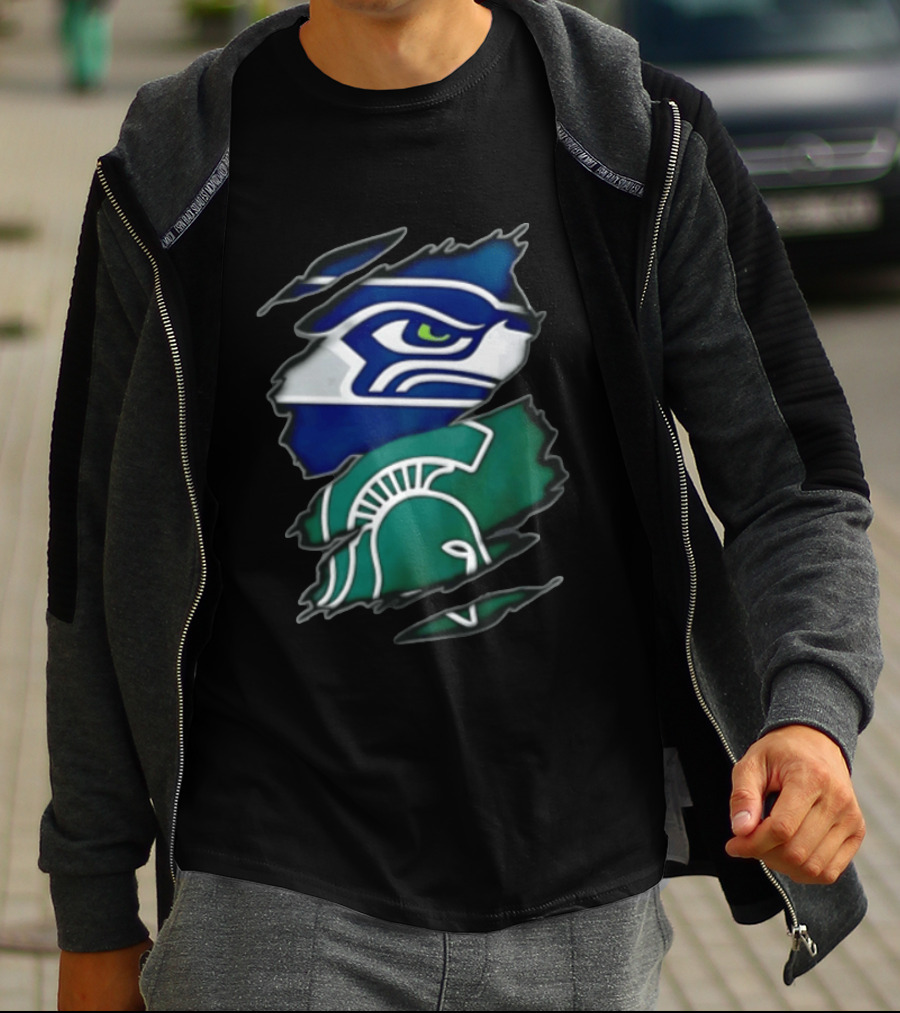 Seattle Seahawks Michigan State Spartans Torn Fabric Reveal Sports Logos T-Shirt