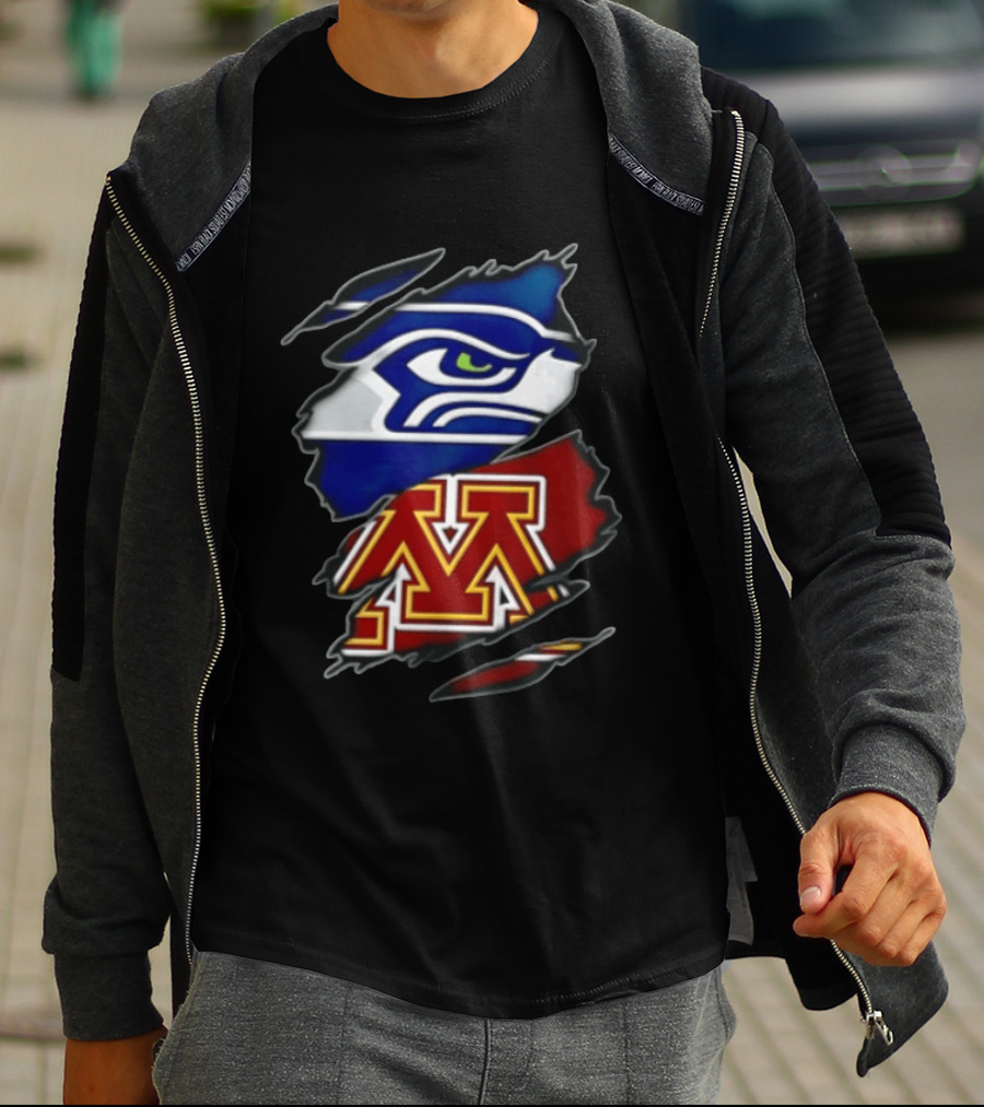 Seattle Seahawks Minnesota Golden Gophers Torn Fabric Reveal Team Emblems T-Shirt