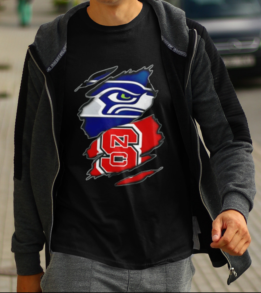 Seattle Seahawks North Carolina State Wolfpack Torn Fabric NFL NCAA Team T-Shirt