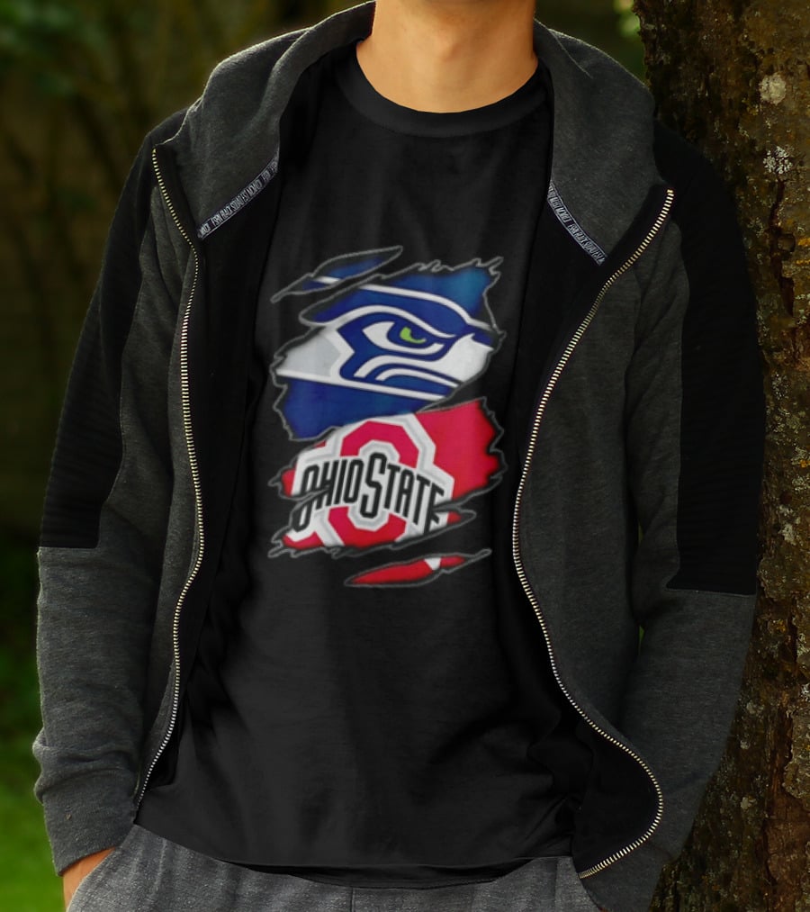 Seattle Seahawks Ohio State Buckeyes Torn Fabric Effect Team Logos T-Shirt