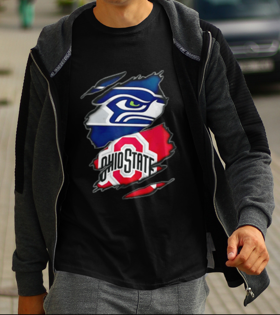 Seattle Seahawks Ohio State Buckeyes Torn Fabric Effect Team Logos T-Shirt