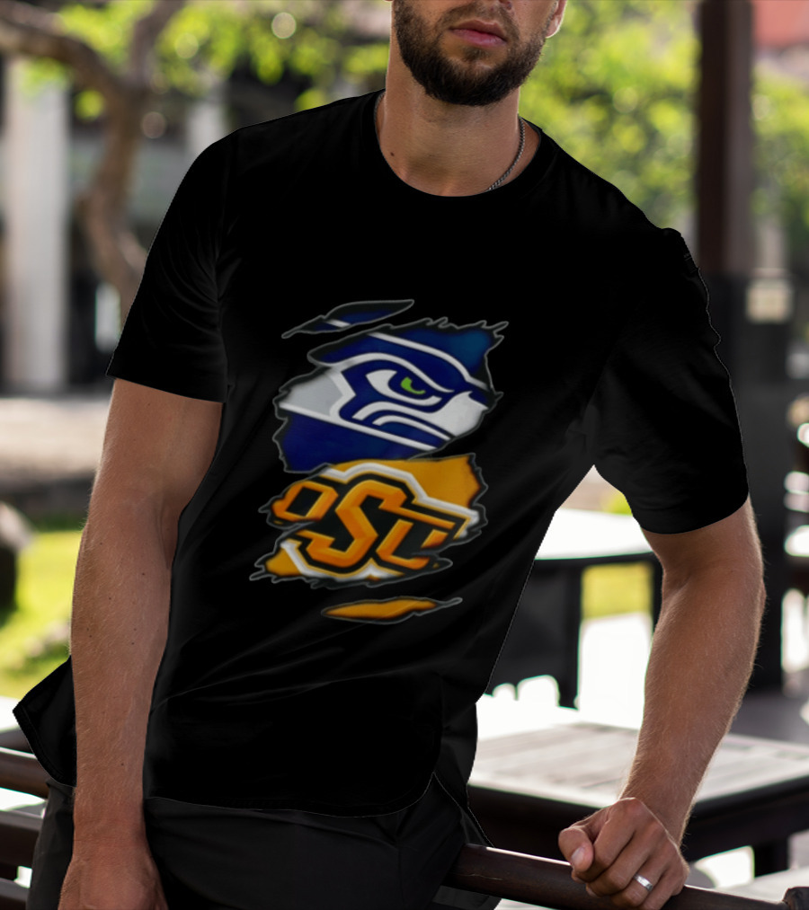 Seattle Seahawks Oklahoma State Cowboys Torn Fabric Reveal Sports T-Shirt