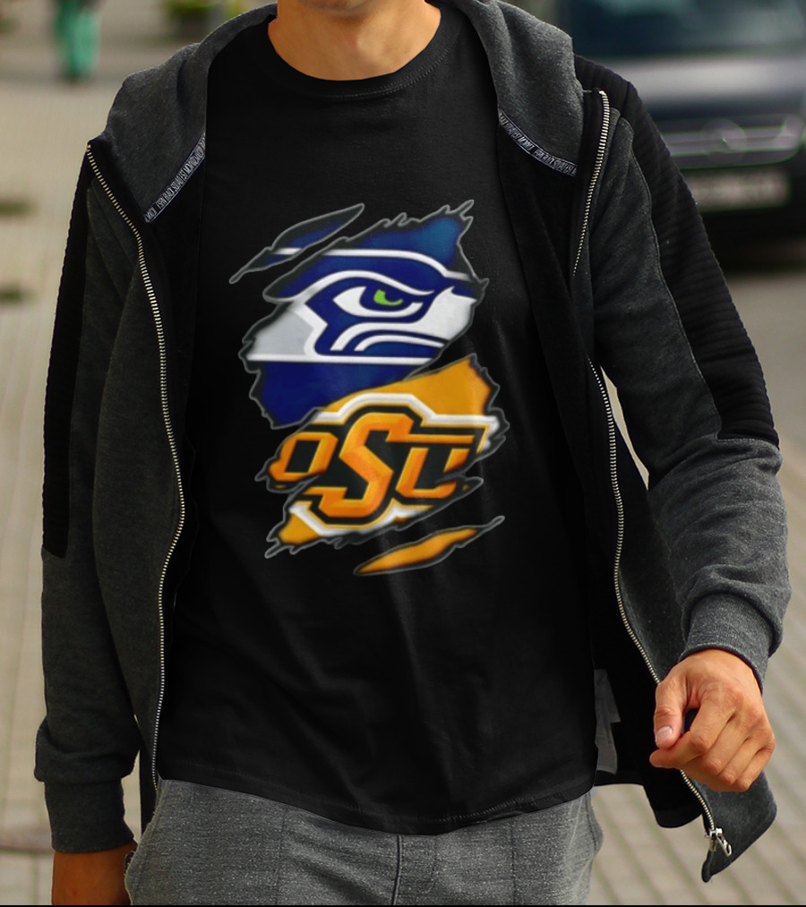 Seattle Seahawks Oklahoma State Cowboys Torn Fabric Reveal Sports T-Shirt
