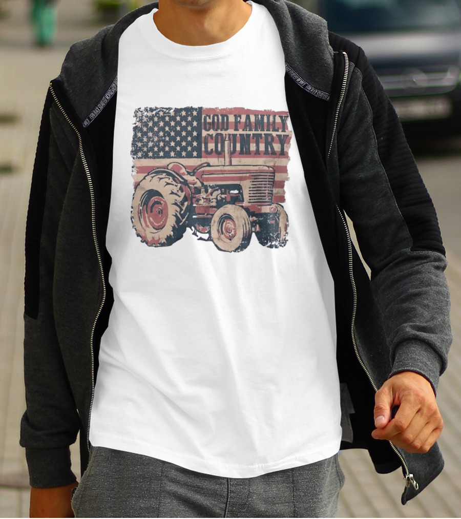 American Flag God Family Country Tractor T-Shirt
