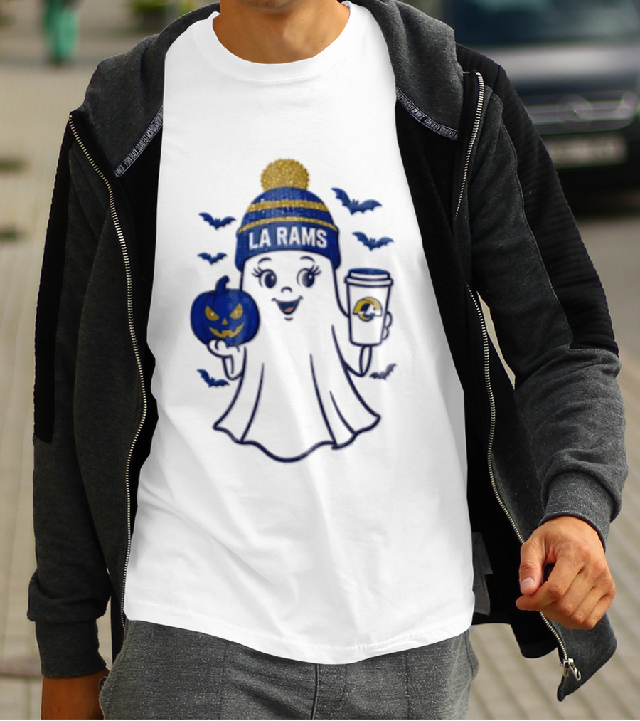 Los Angeles Rams Beanie Ghost Holding Pumpkin And Coffee Halloween T-Shirt