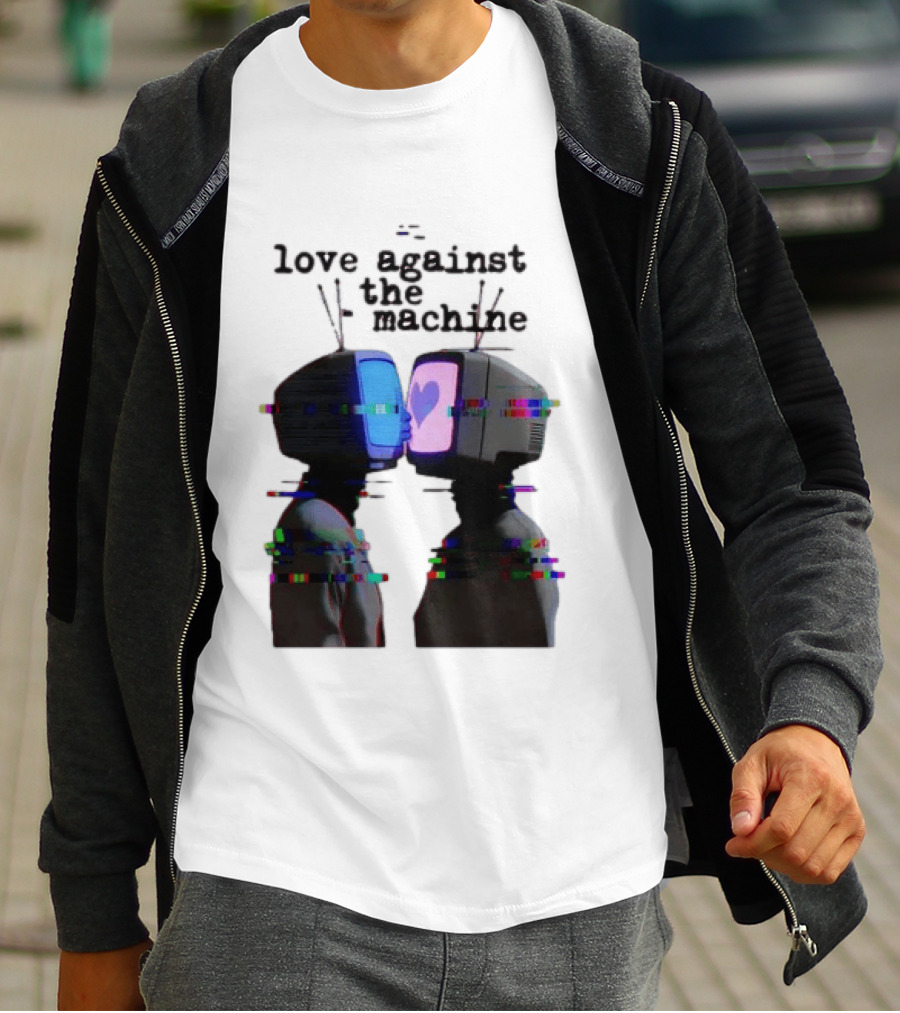 Love Against The Machine Two Television Heads Kissing Glitch Heart T-Shirt