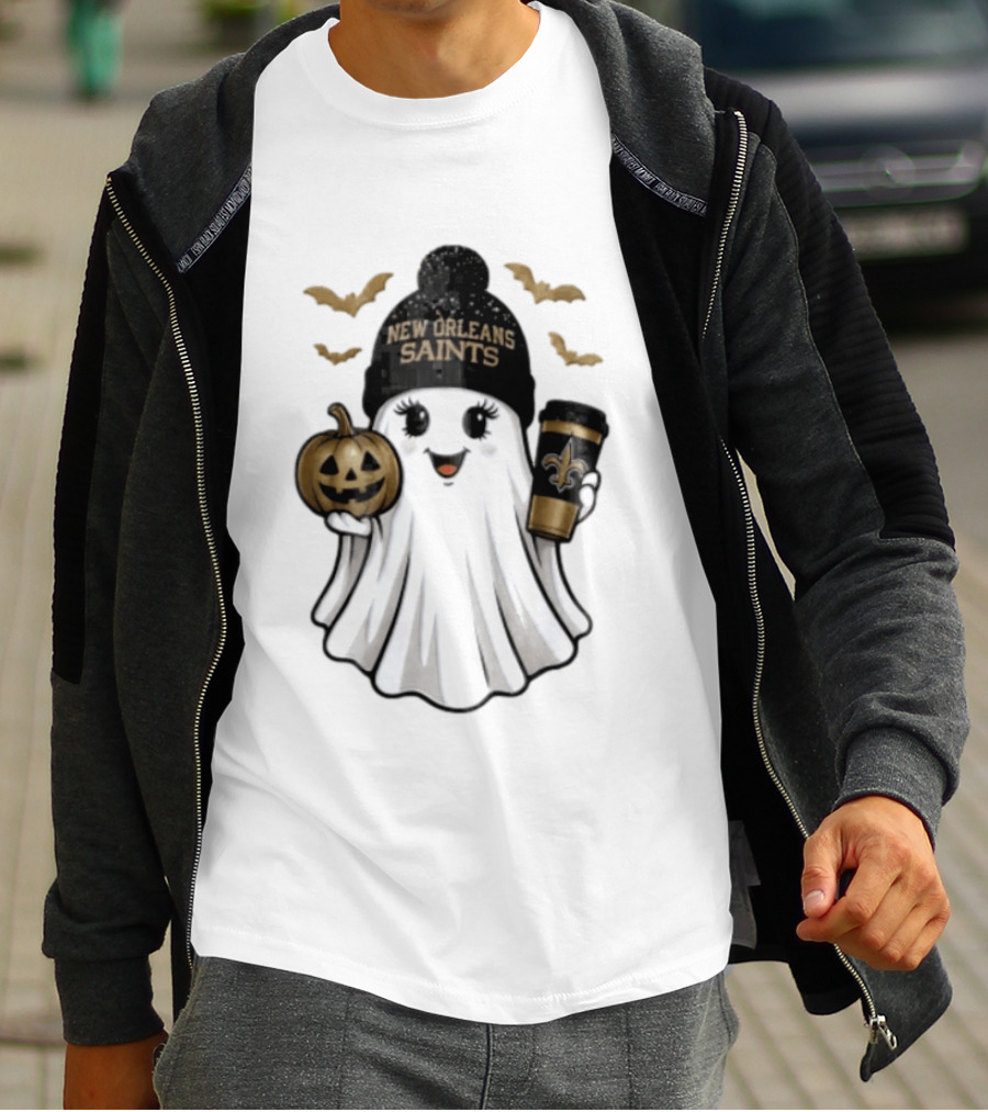 New Orleans Saints Ghost Beanie Pumpkin Coffee Halloween T-Shirt