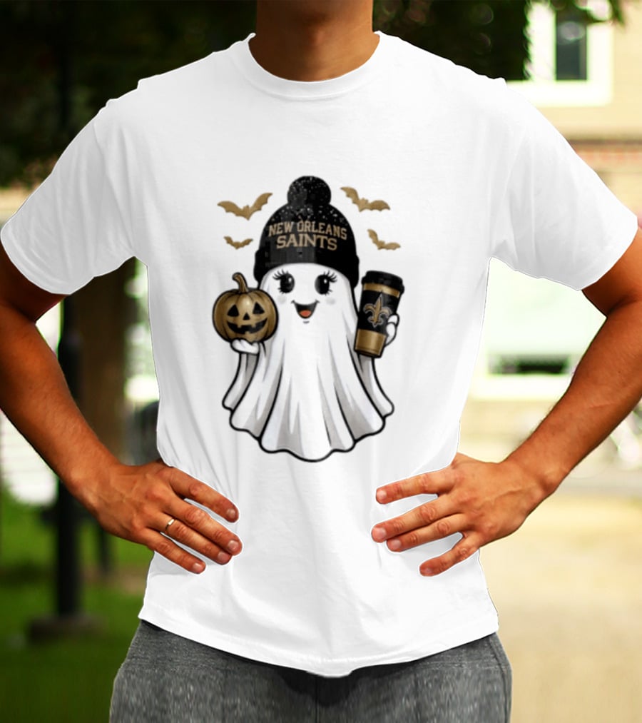 New Orleans Saints Ghost Beanie Pumpkin Coffee Halloween T-Shirt