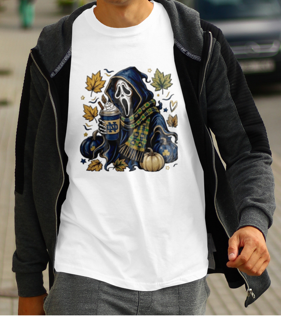 Notre Dame Ghostface Holding Coffee Autumn Leaves Pumpkins T-Shirt