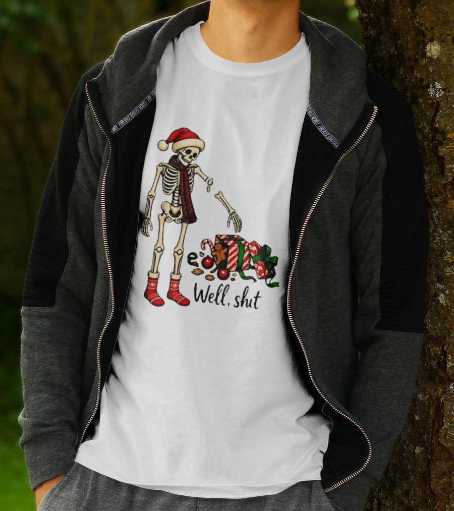 Well Shit Christmas Skeleton Gingerbread Man Santa Hat T-Shirt