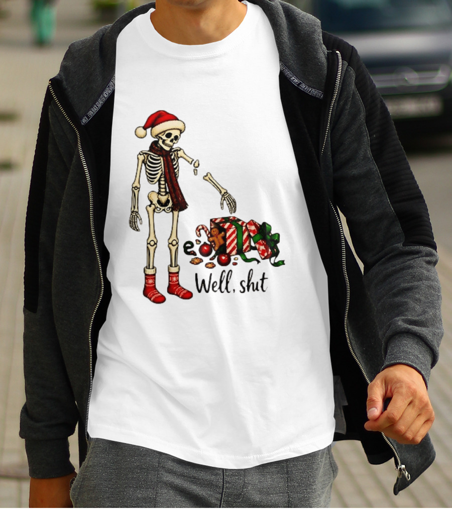 Well Shit Christmas Skeleton Gingerbread Man Santa Hat T-Shirt
