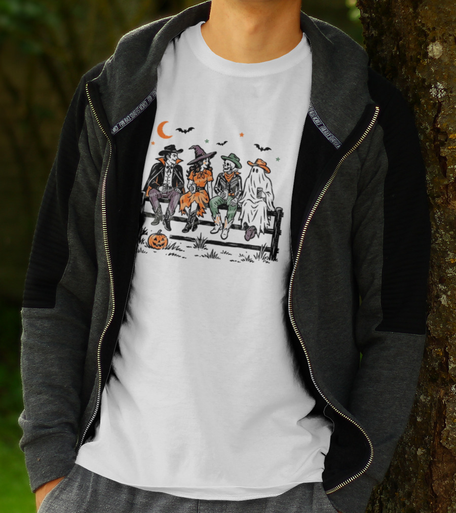 Witch Skeleton Ghost Vampire Western Halloween Scene With Pumpkins And Bats T-Shirt