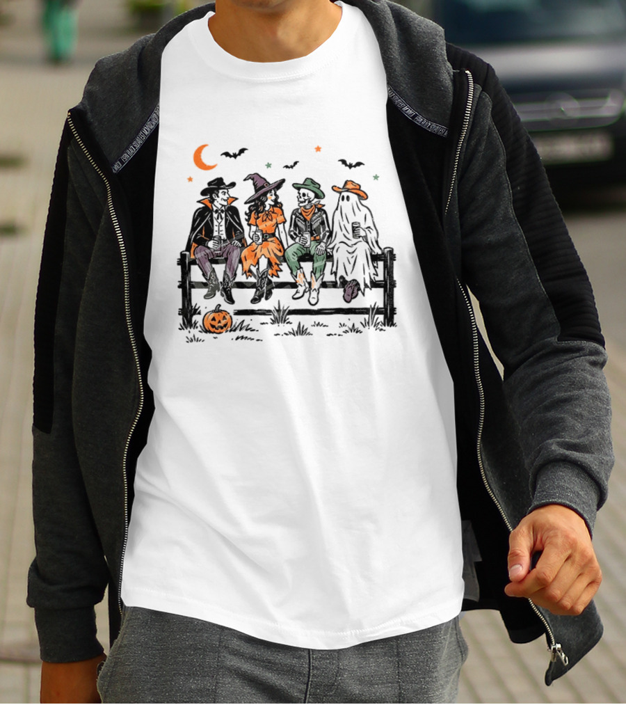 Witch Skeleton Ghost Vampire Western Halloween Scene With Pumpkins And Bats T-Shirt