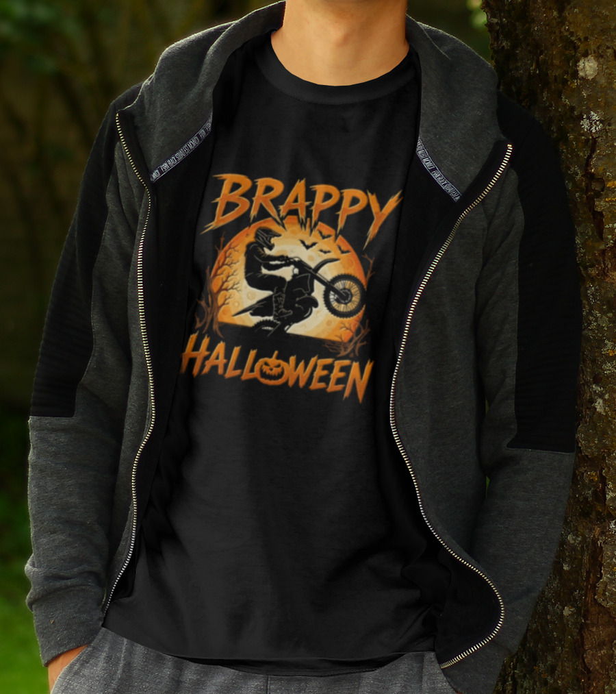 Brappy Halloween Motocross Rider Wheelie Moon Bats T-Shirt