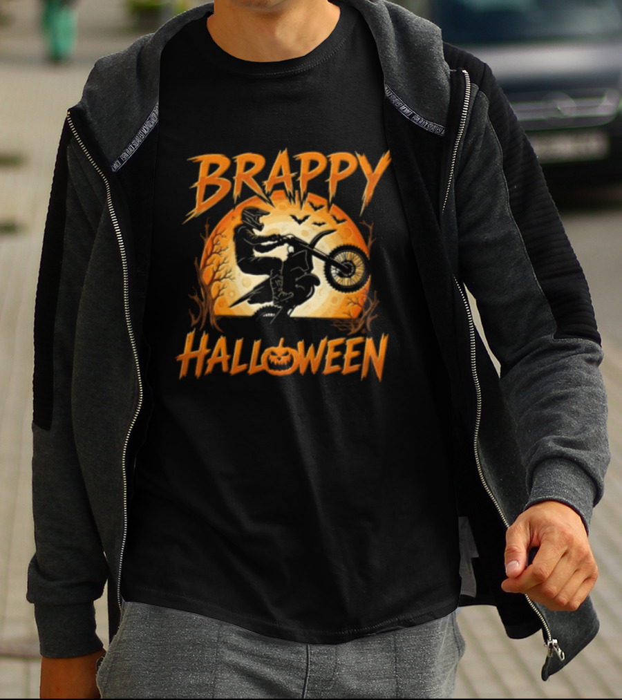 Brappy Halloween Motocross Rider Wheelie Moon Bats T-Shirt