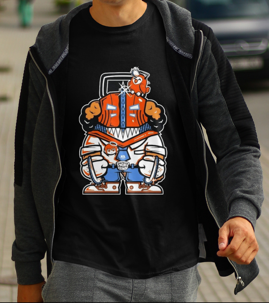Jackie The Dawg Mau Mau Chainsaw Robot Cartoon Character With Bird T-Shirt