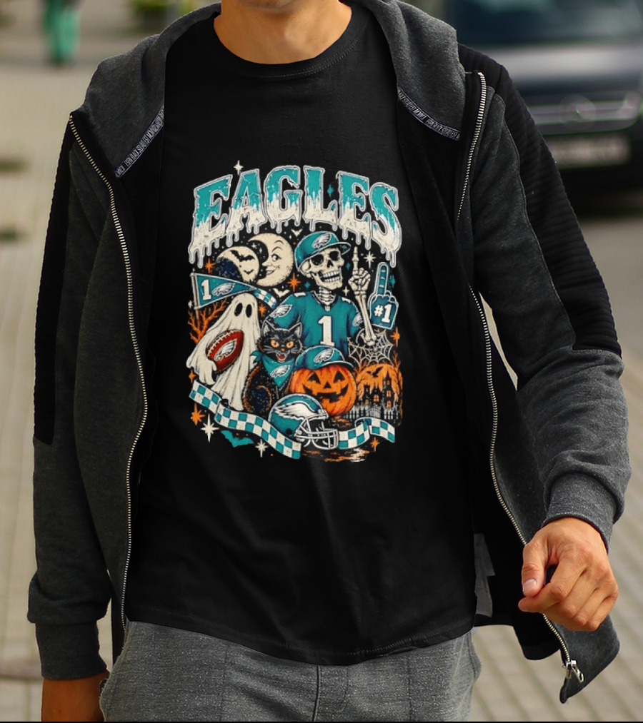 Eagles Jalen Hurts Halloween Skeleton Ghost Black Cat Pumpkin T-Shirt