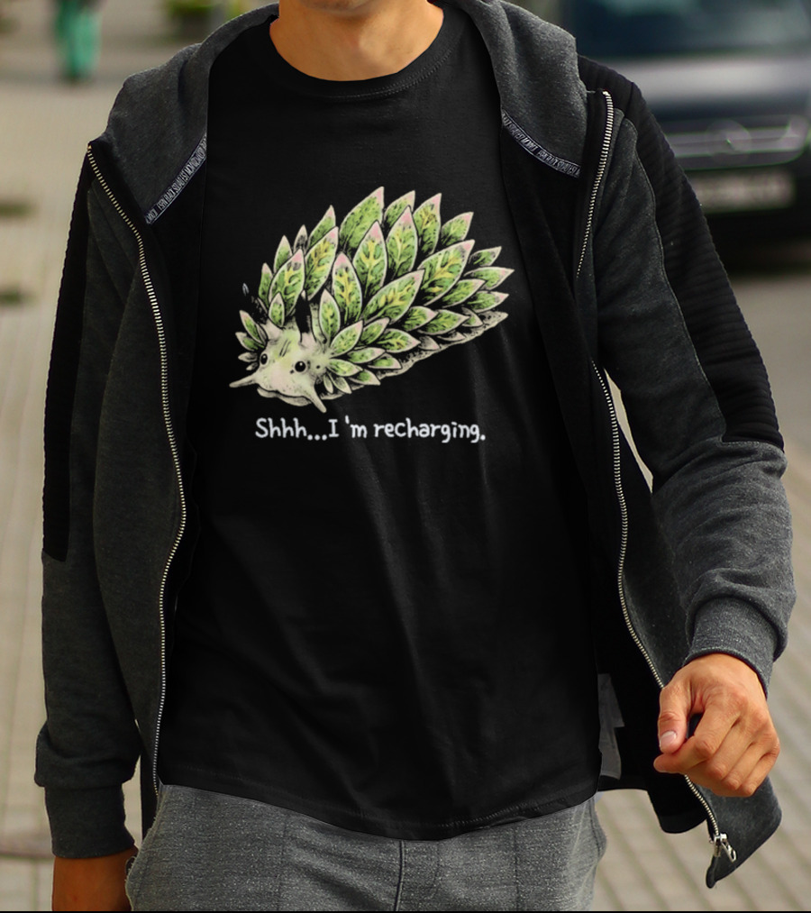 Leaf Sheep Sea Slug Shhh I'm Recharging Green Pink Cute Sea Creature T-Shirt