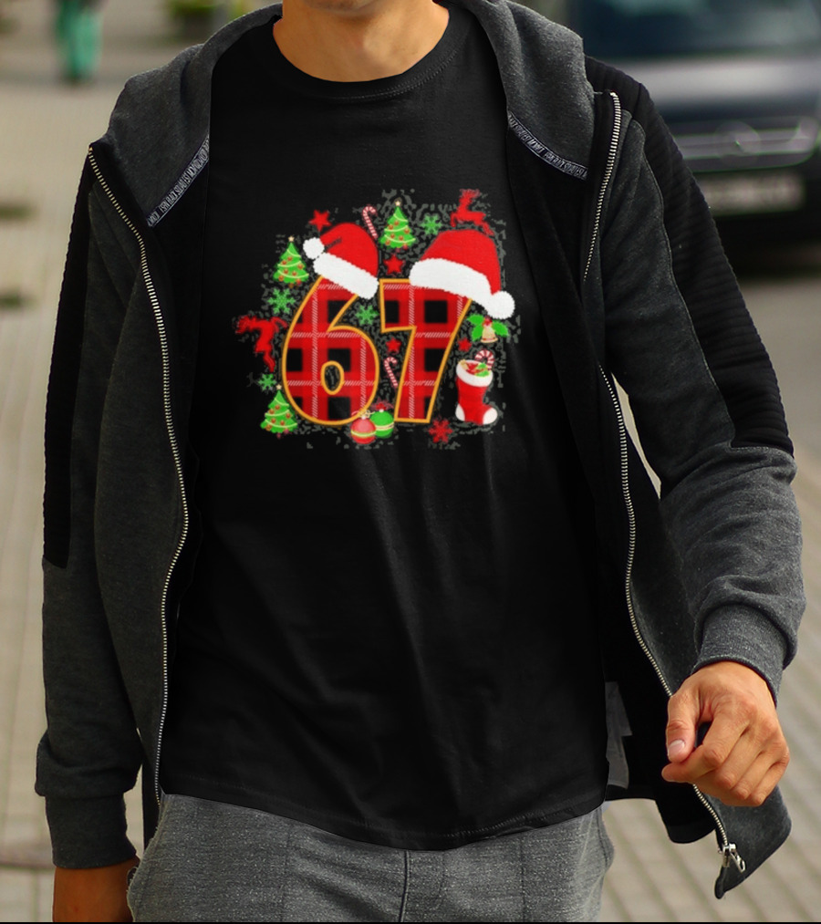 67 Christmas Plaid With Santa Hats And Festive Decorations T-Shirt