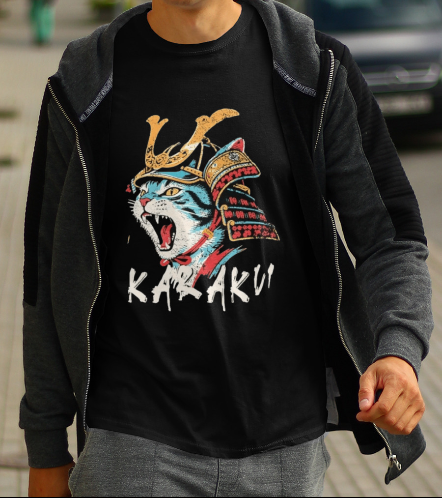 Karaku Distressed Samurai Cat With Helmet And Snarling Expression T-Shirt