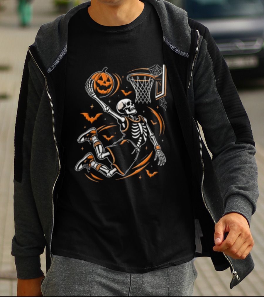 Skeleton Slam Dunk Pumpkin Basketball Hoop Spooky Halloween T-Shirt