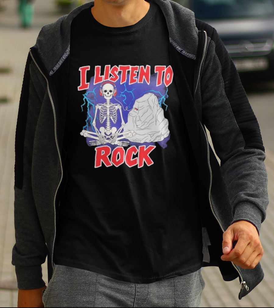 I Listen To Rock Skeleton Headphones Music T-Shirt