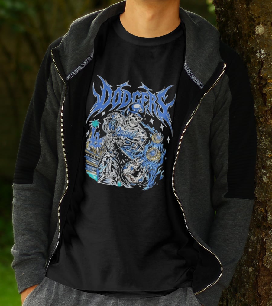 Los Angeles Dodgers Skeleton Player With Baseball Bat And Championship Rings T-Shirt