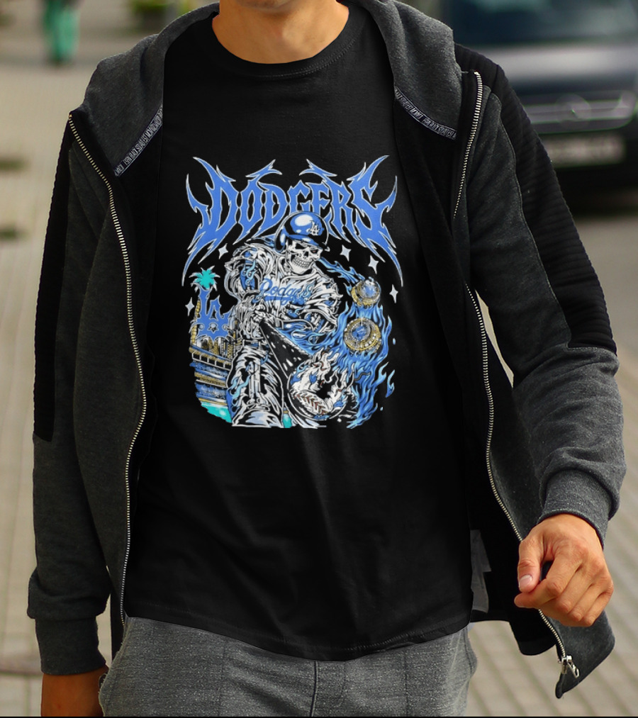 Los Angeles Dodgers Skeleton Player With Baseball Bat And Championship Rings T-Shirt