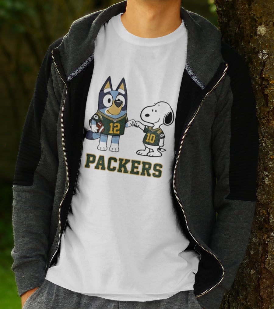 Bluey Snoopy Packers Football Friends Wearing 12 And 10 Jerseys T-Shirt