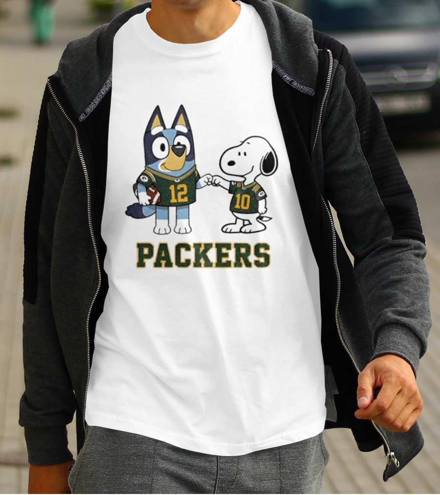 Bluey Snoopy Packers Football Friends Wearing 12 And 10 Jerseys T-Shirt