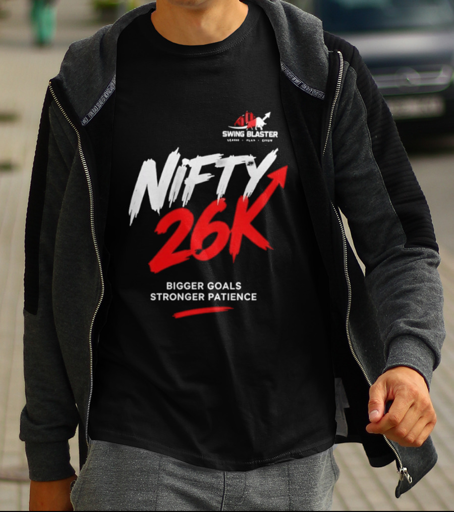 Swing Blaster Nifty 26K Bigger Goals Stronger Patience Bull And Bear Stock Market Trading Insights T-Shirt