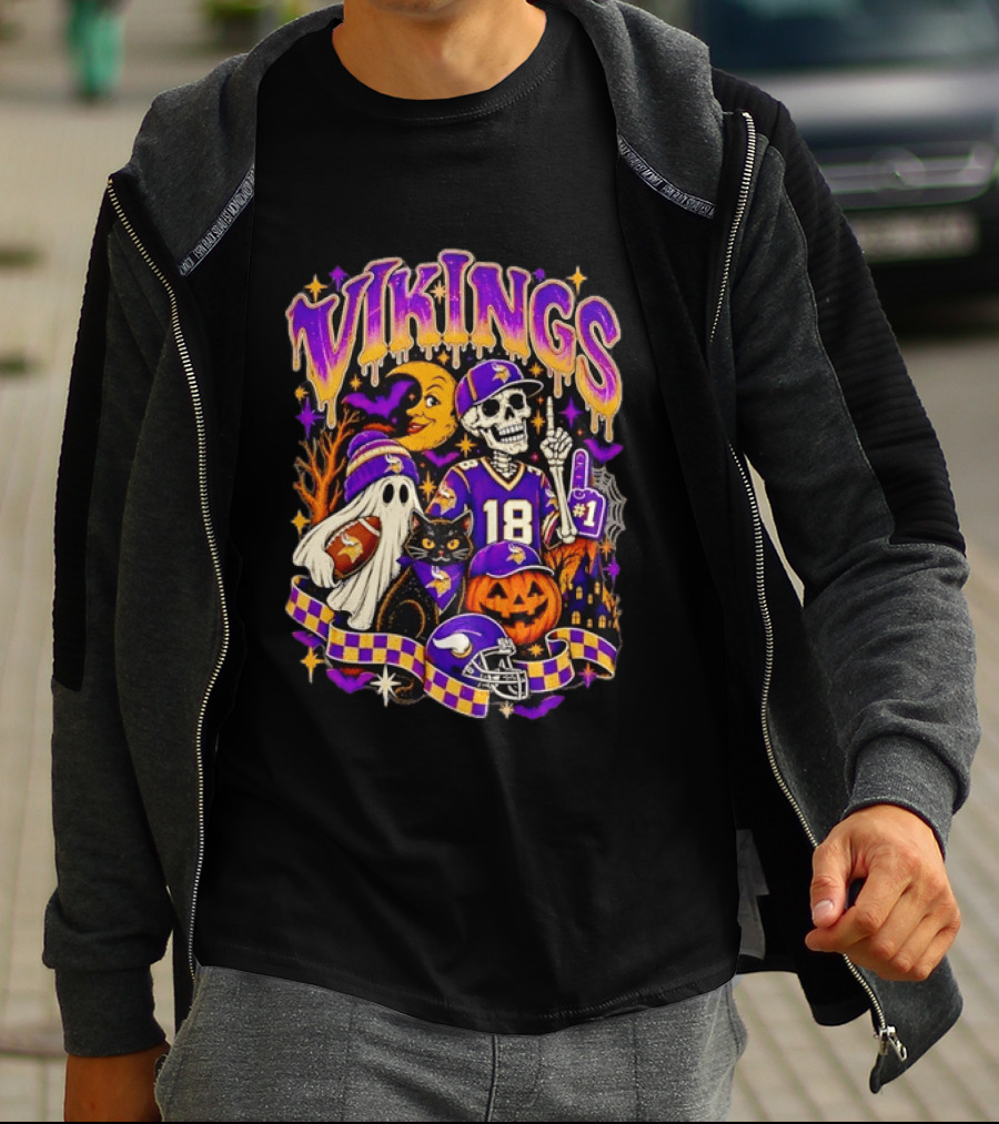 Vikings Halloween Skeleton Football 18 With Ghost Cat And Pumpkins T-Shirt