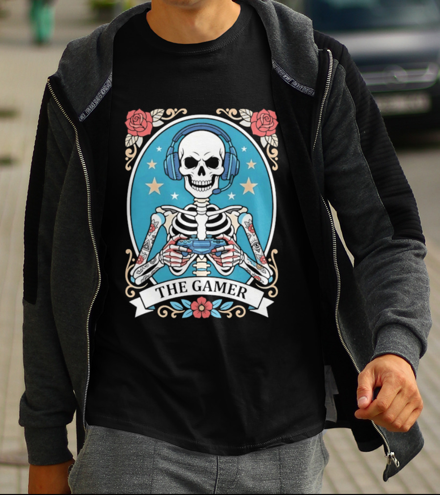 The Gamer Skeleton Headphones Controller Stars Roses T-Shirt