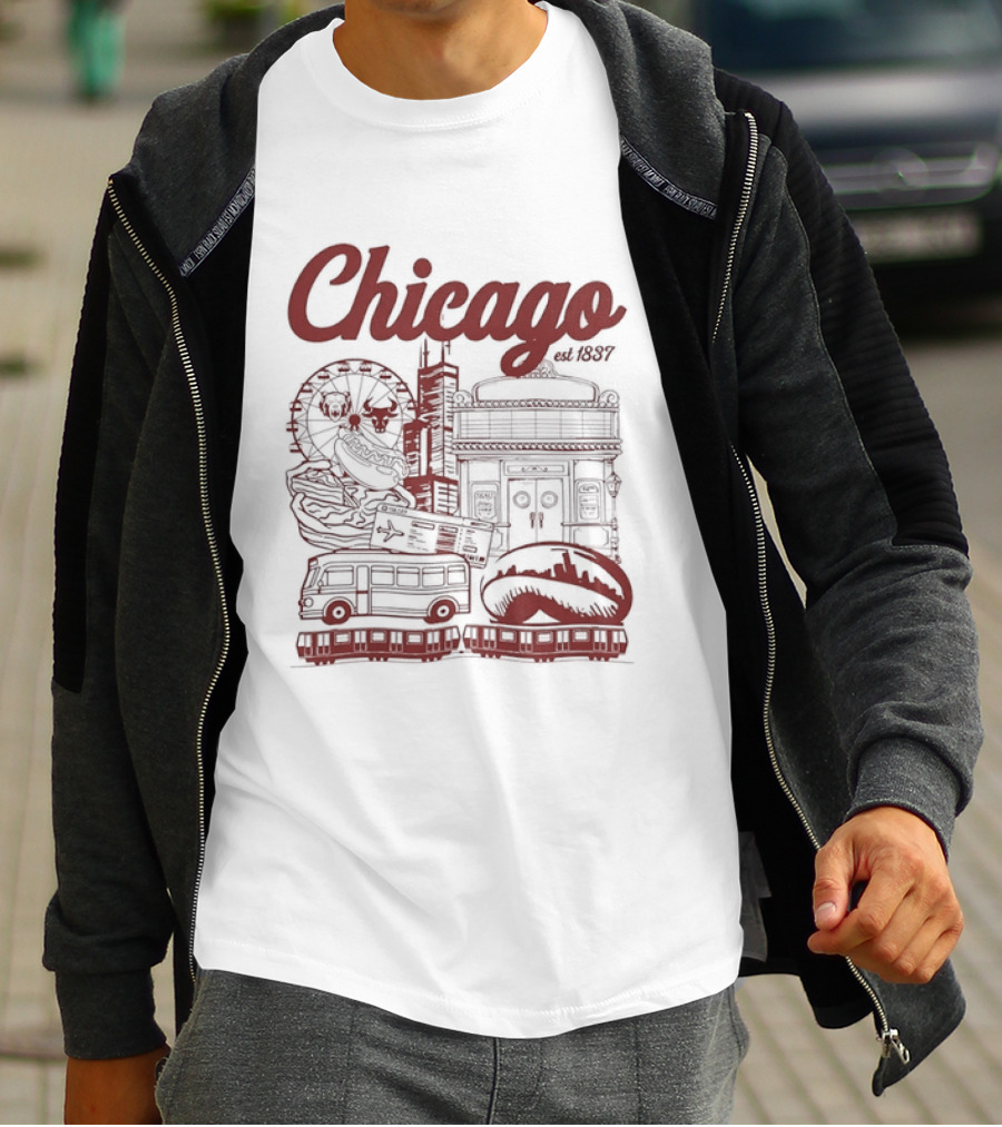 Chicago City Landmarks Illinois Est 1837 Ferris Wheel Hot Dog Retro Bus T-Shirt