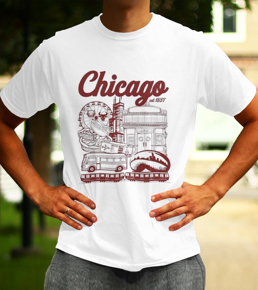 Chicago City Landmarks Illinois Est 1837 Ferris Wheel Hot Dog Retro Bus T-Shirt