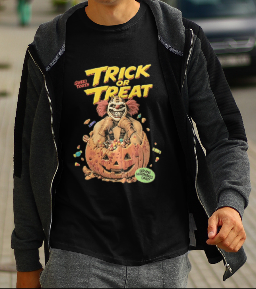 Twisted Metal Sweet Tooth Trick Or Treat Serving Nightmares Daily Pumpkin Candy T-Shirt