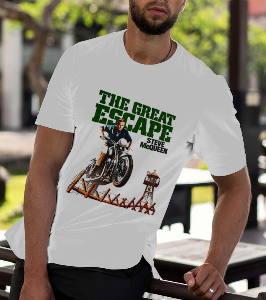 The Great Escape Steve McQueen Motorcycle Jump Classic Movie Scene T-Shirt