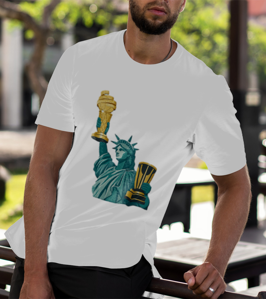 Lady Liberty Holding Dual Championship Trophies Soccer And Basketball T-Shirt