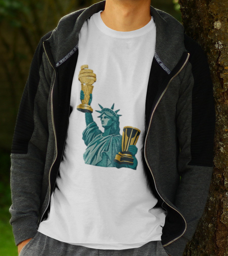 Lady Liberty Holding Dual Championship Trophies Soccer And Basketball T-Shirt