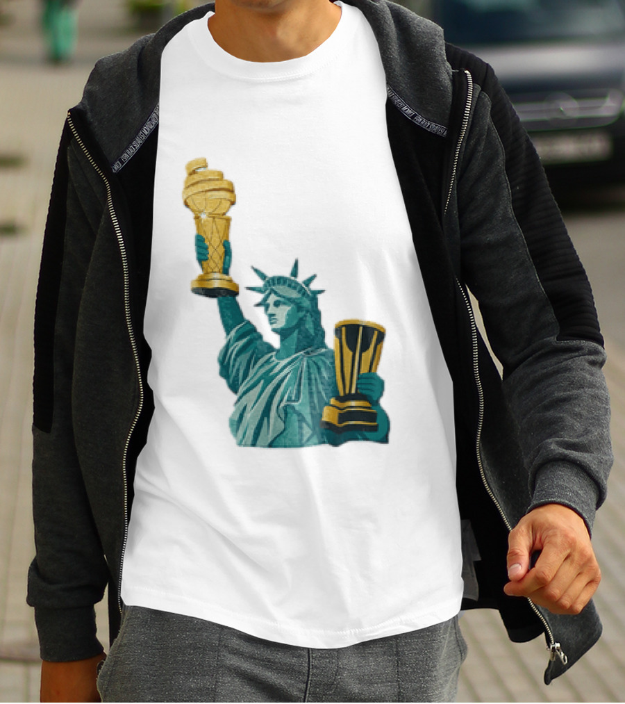Lady Liberty Holding Dual Championship Trophies Soccer And Basketball T-Shirt