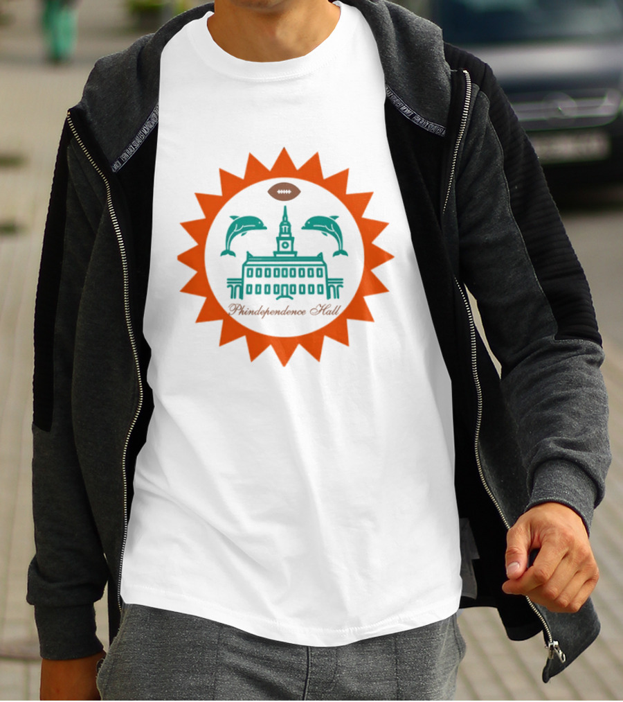 Phindependence Hall Miami Dolphins Football Emblem With Dolphins And Football Oval T-Shirt