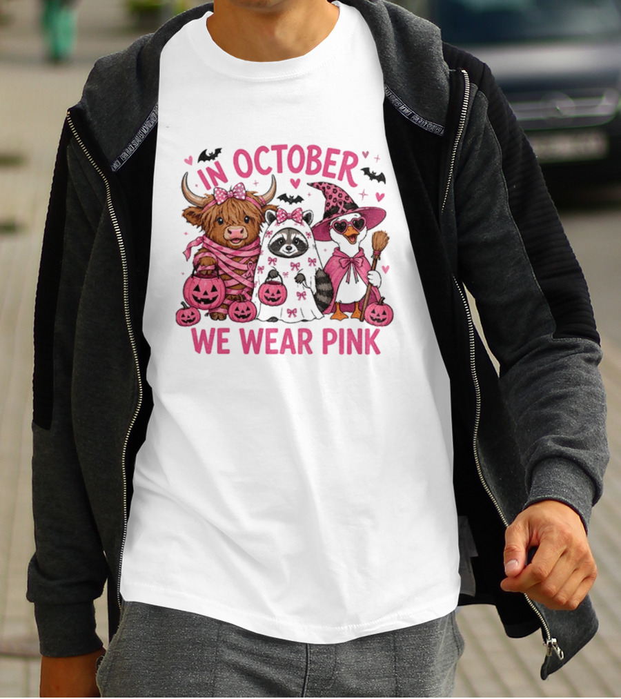 In October We Wear Pink Breast Cancer Support With Halloween Animals T-Shirt