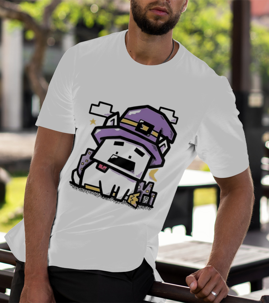 Pixel Cat Wearing Witch Hat Cute Halloween 8 Bit T-Shirt