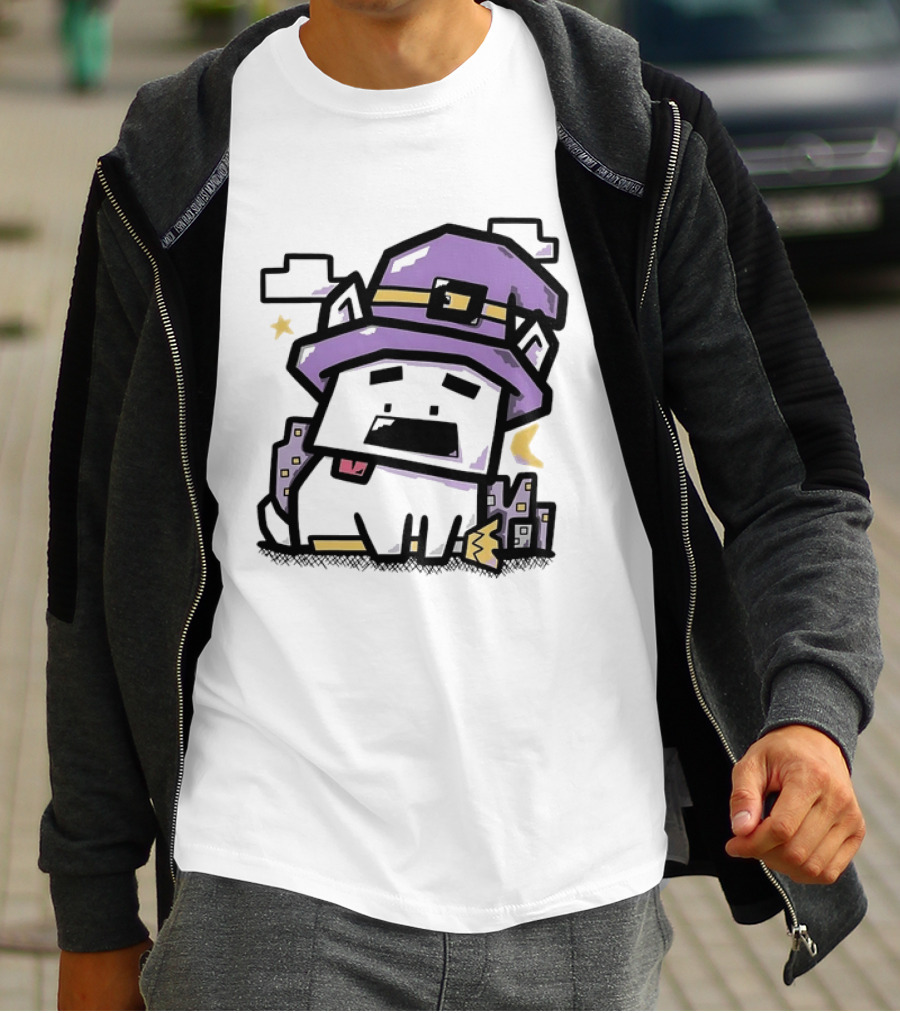 Pixel Cat Wearing Witch Hat Cute Halloween 8 Bit T-Shirt